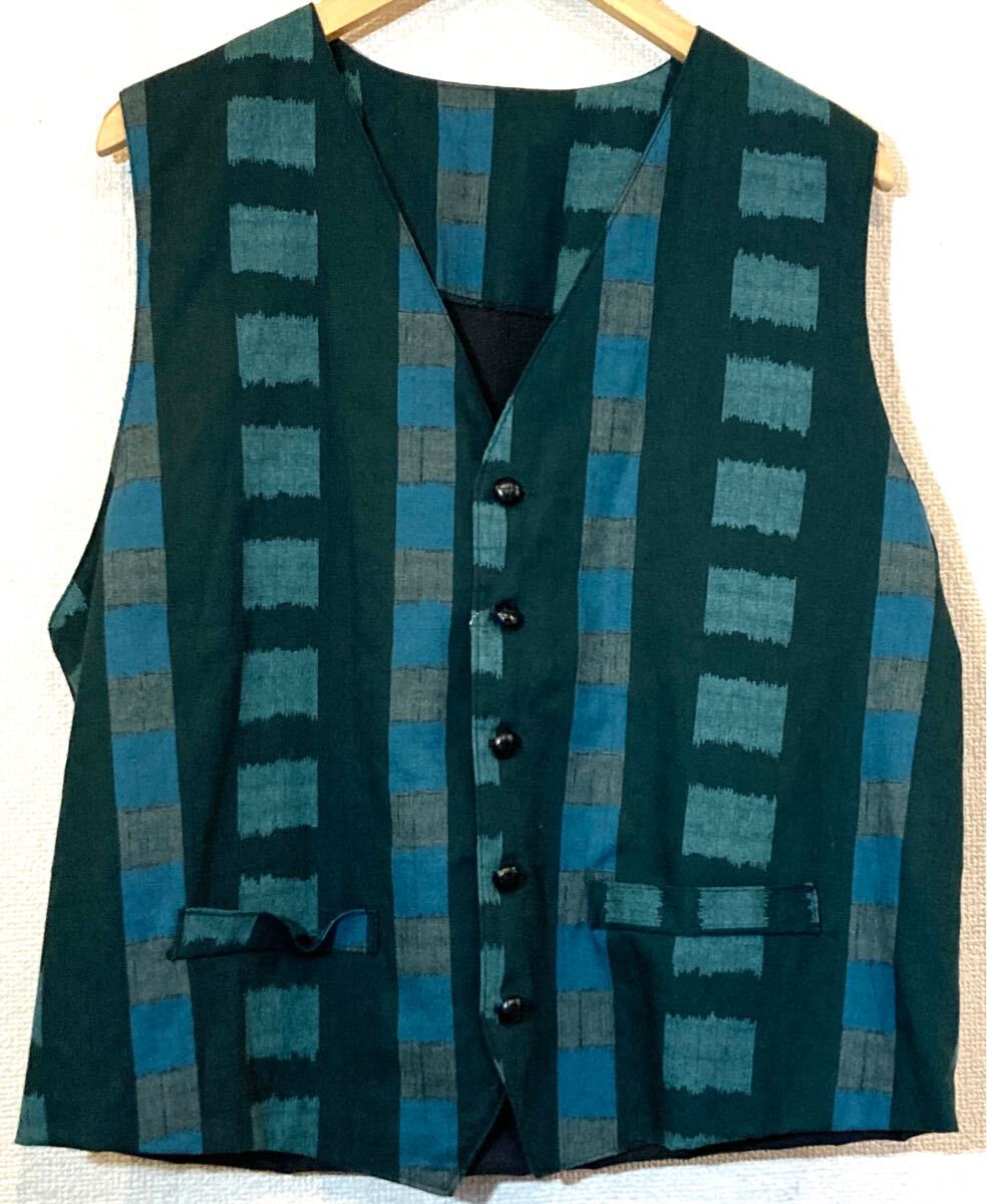 VINTAGE VEST★総柄★絞り染め★くるみ釦★ストライプ★シンチバック★バックルバック★エスニック★ベスト★ビンテージ★グリーン★緑