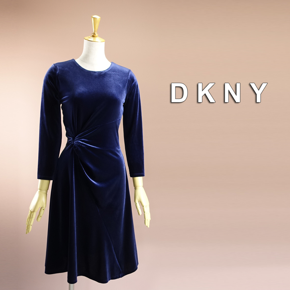 新品 DKNY 4/9号 ダナキャラン 紺 青 ベロア ワンピース パーティドレス 長袖 結婚式 二次会 披露宴 フォーマル 謝恩会 通勤 華21E0103