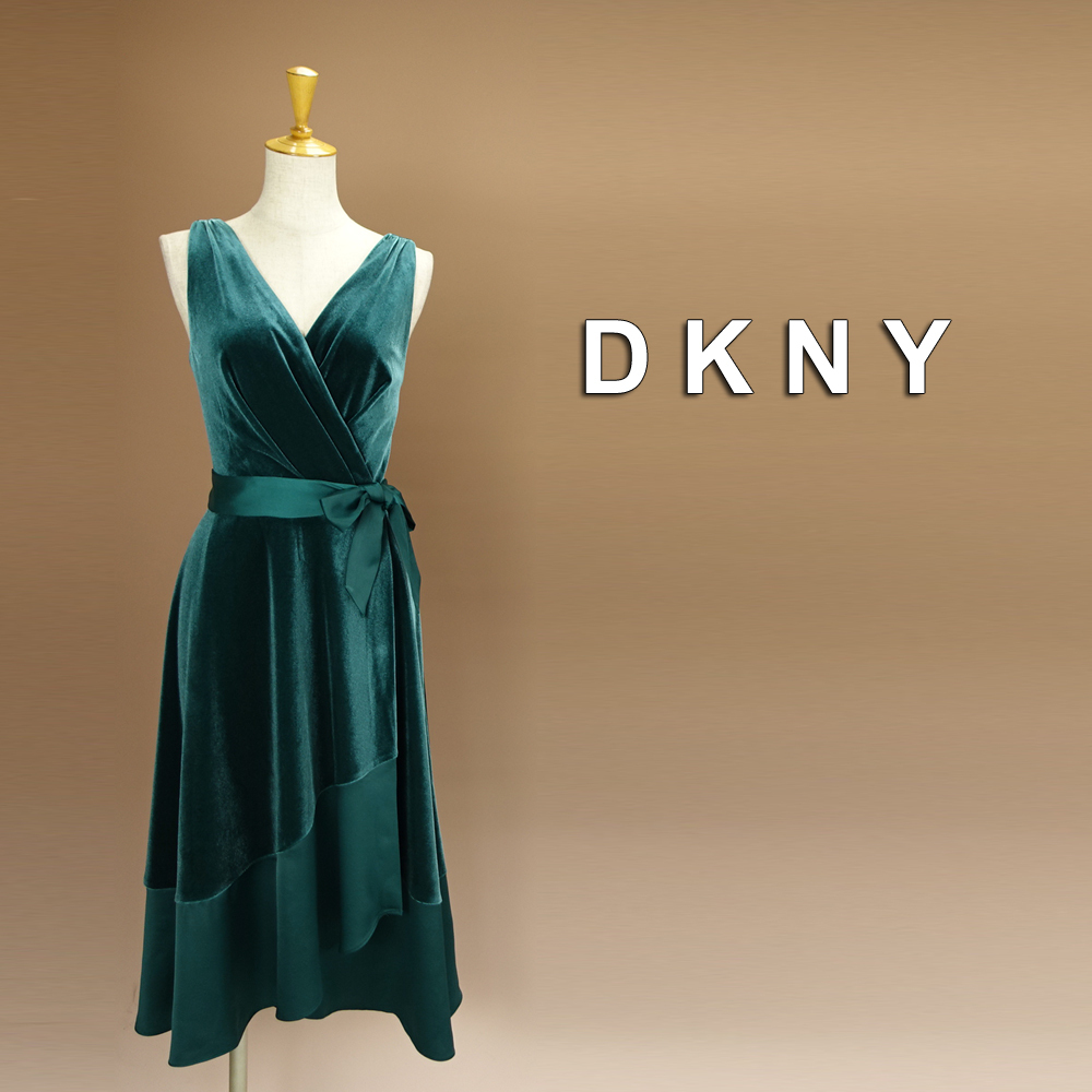 新品 DKNY 6/11號 ダナキャラン 緑 ベロア Aライン ワンピース パーティドレス グリーン 結(jié)婚式二次會 披露宴 フォーマル 謝恩會 華32E1803