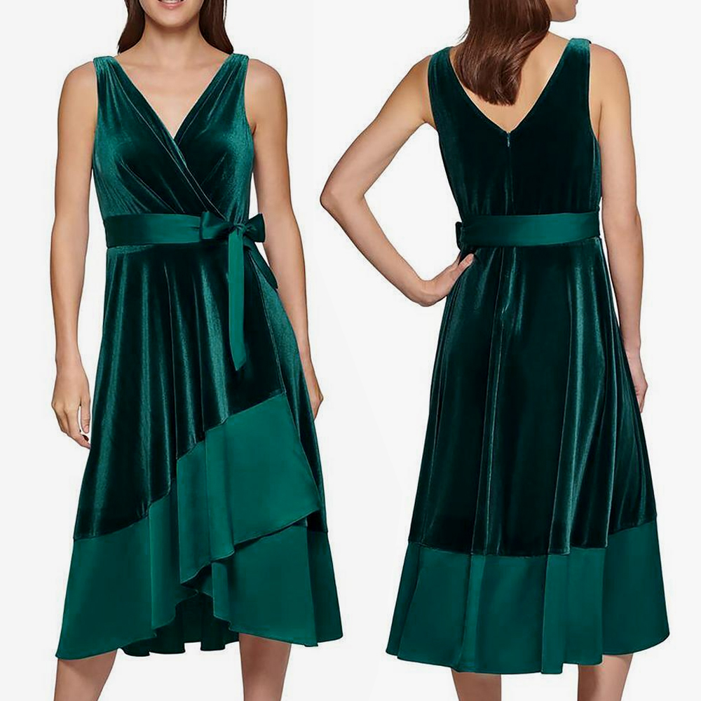 新品 DKNY 6/11號 ダナキャラン 緑 ベロア Aライン ワンピース パーティドレス グリーン 結(jié)婚式二次會 披露宴 フォーマル 謝恩會 華32E1803