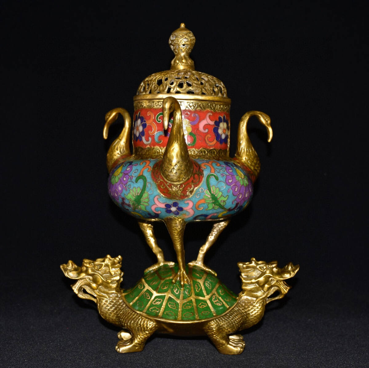 館蔵珍品 銅製 景泰藍 琺瑯彩 塗金 龜鶴熏香炉』置物 賞物 館蔵珍品 銅製 景泰藍 琺瑯彩 塗金 龜鶴熏香炉』置物 賞物