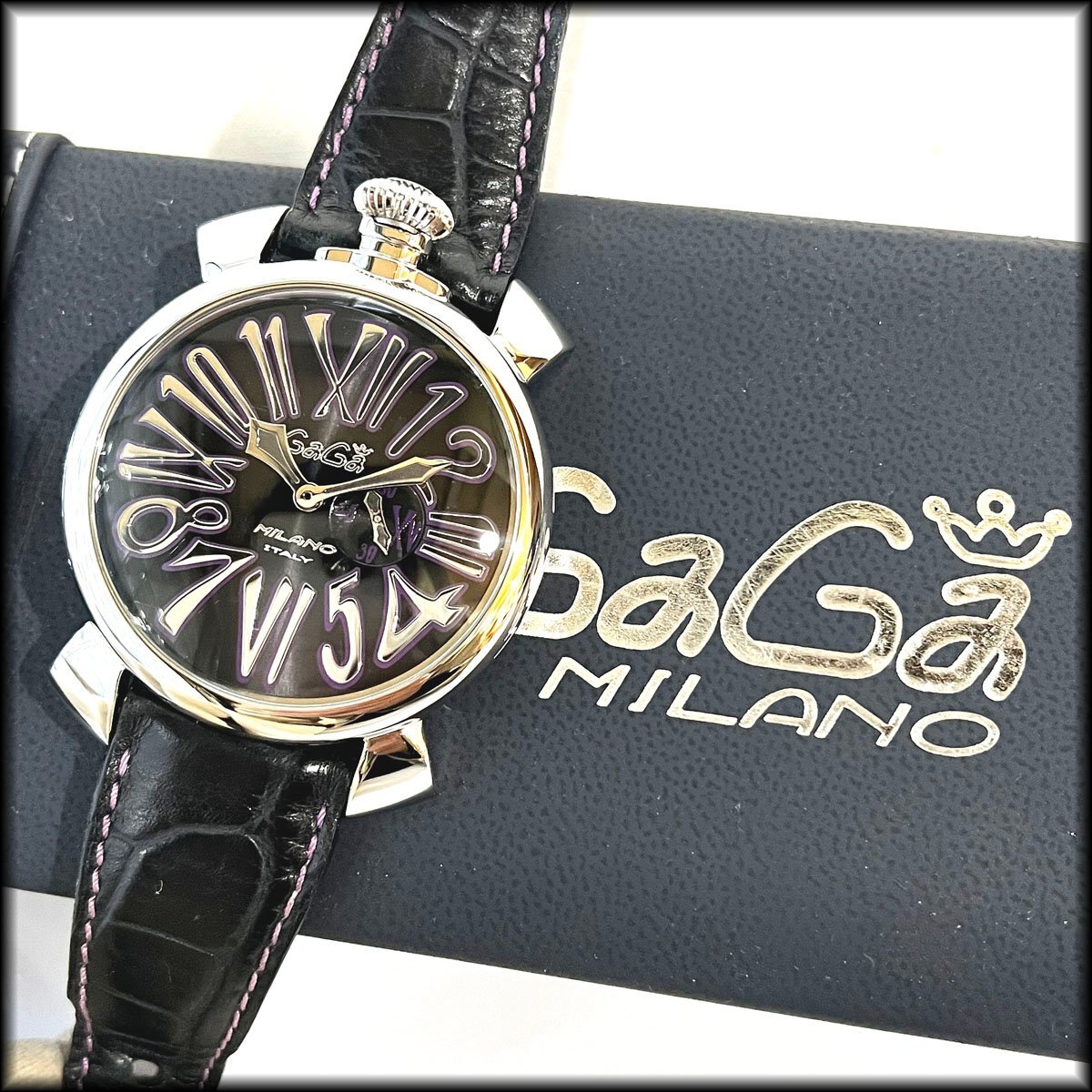 仕上げ済み◆GAGA MILANO◆ガガミラノ 腕時計 マヌアーレ46 5084 ブラック文字盤 クロコ型押しベルト クオーツ 質 ガガ