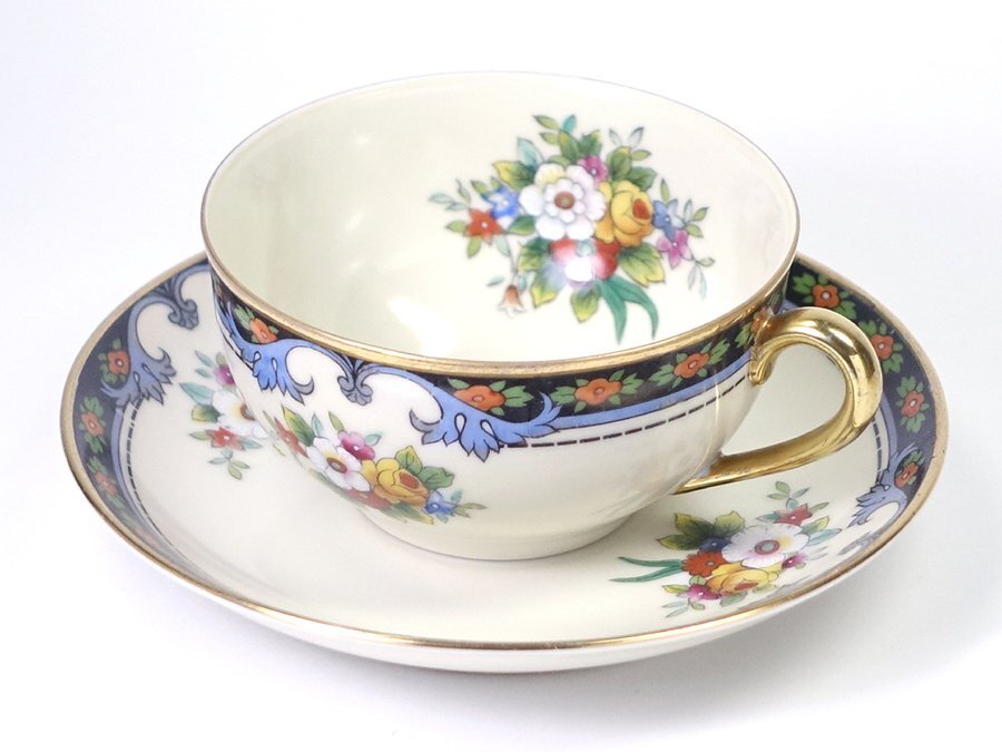 ∇花∇【オールドノリタケ】 1918年～ 色絵金彩花束図ティーカップ＆ソーサー Noritake-M Japan印 和製テーブルウェア