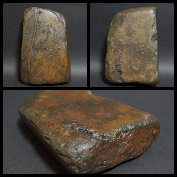 閑】書道具 歙州硯石細工彫り『筍竹雀図』自然の形文鎮 書斎