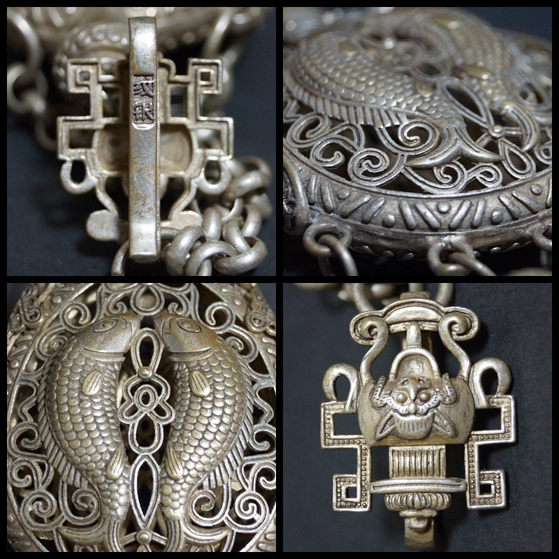 清 銀細工 透かし彫り『双魚祥瑞文』香入 香囊 紋銀在銘 鈴根付 提げ物 装飾品 閑】清 銀細工 透かし彫り『双魚祥瑞文』香入 香 紋銀在銘 鈴