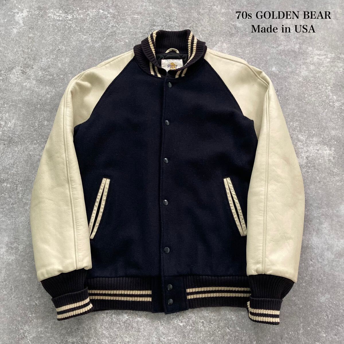 LAWKHJ10695 ゴールデンベア 袖革スタジャン M 紺白 GOLDEN BEAR LAWKHJ10695 ゴールデンベア 袖革スタジャン M 紺白 GOLDEN BEAR