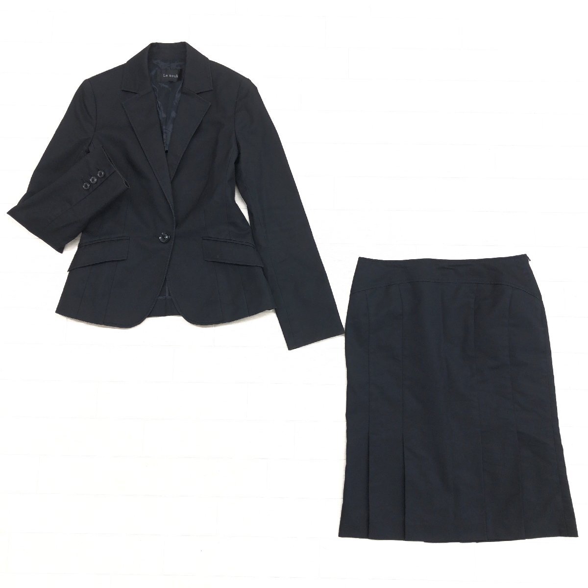 ●LE SOUK ルスーク ストレッチ スカートスーツ 上下セットアップ 38(M) 黒 ブラック ジャケット ビジネス 通勤 日本製 レディース 女性用