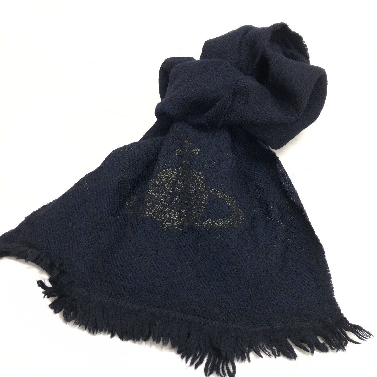 伊製 Vivienne Westwood ヴィヴィアンウエストウッド ウール100% オーブ刺繍 フリンジ ニット マフラー 濃紺 ネイビー ストール ショール