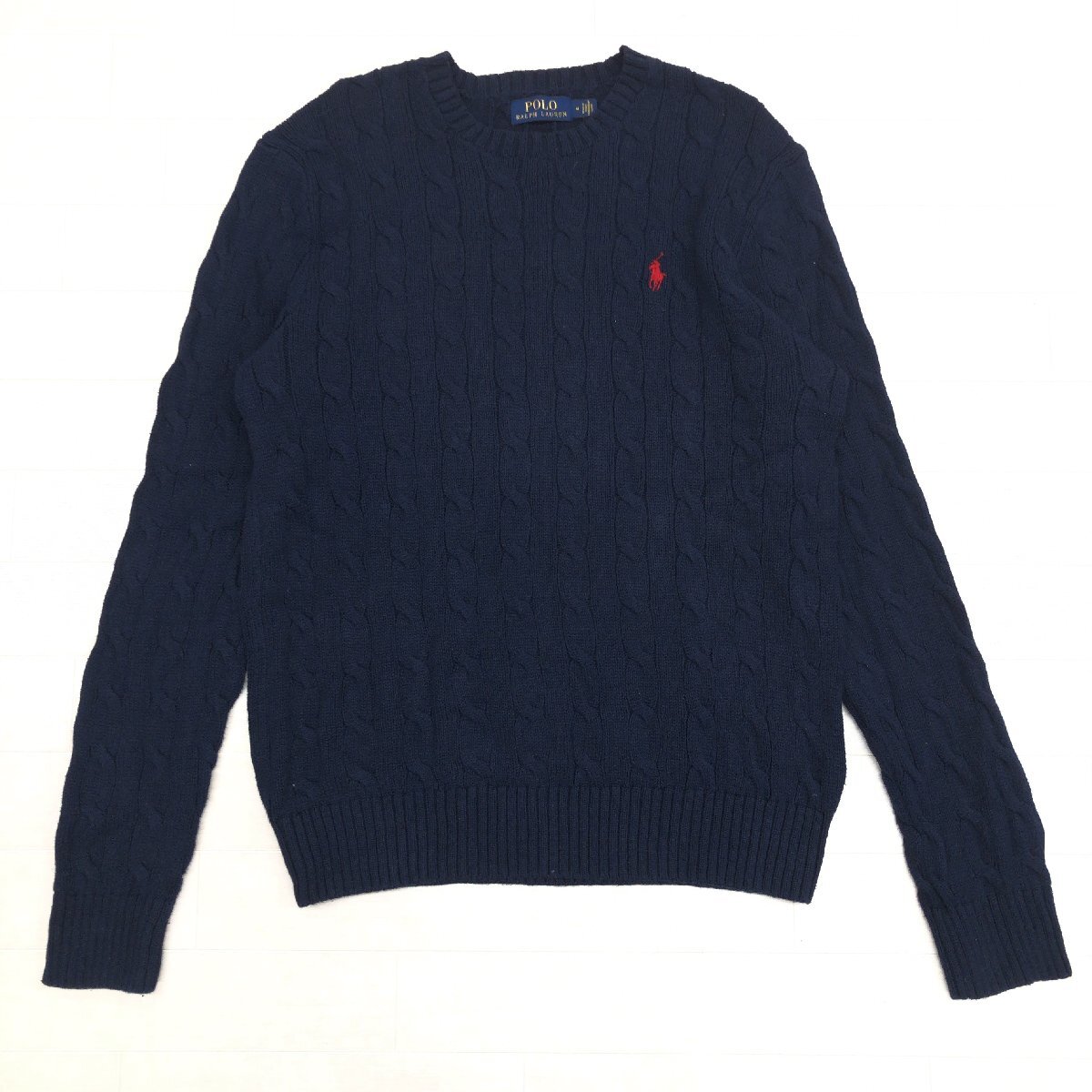 ●POLO RALPH LAUREN ポロ ラルフローレン ポニー刺繍 ケーブルニット セーター M 紺 ネイビー コットンニット 長袖 アメトラ アメカジ