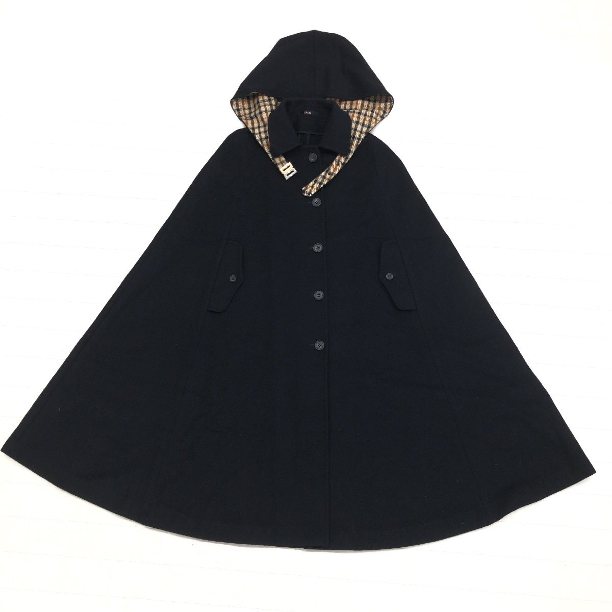 ◆美品 DAKS ダックス メルトンウール ローブコート 9AB2(M相当) 黒 ブラック ポンチョ ロングコート ハウスチェック 古着 レトロ 女性用