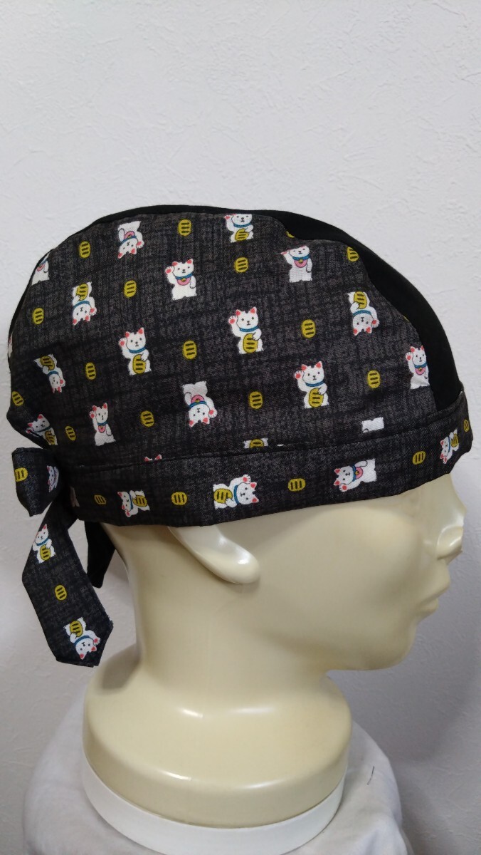 短★バンダナキャップ★ハンドメイド　和柄　招き貓×無地　チャコール