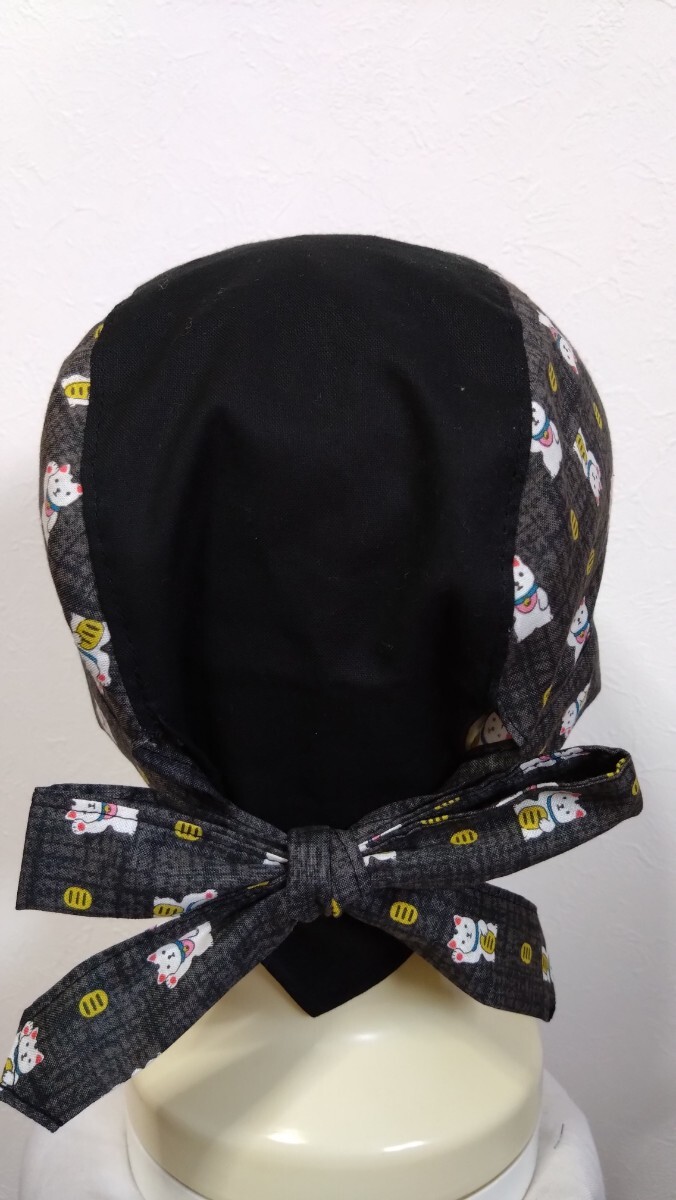 短★バンダナキャップ★ハンドメイド　和柄　招き貓×無地　チャコール