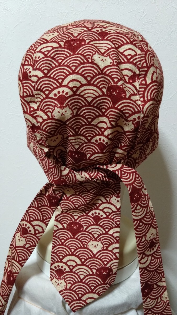 ★バンダナキャップ★ハンドメイド　和柄　青海波　ネコ　赤