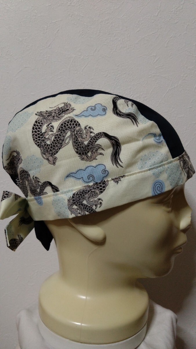 短★バンダナキャップ★ハンドメイド　和柄　竜と云×無地　瘳?