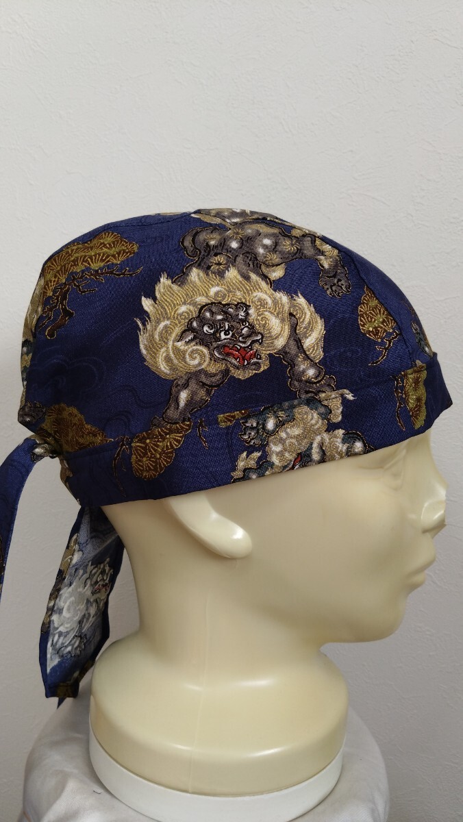 ★バンダナキャップ★ハンドメイド　和柄　狛犬　獅子　松　紺