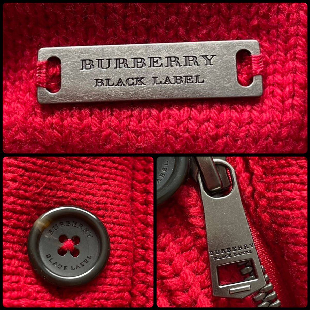 美品 BURBERRY BLACK LABEL バーバリー リブニット ジャケット 【圧倒的な紳士感】アウター カジュアル ロゴ銀プレート 赤 レッド 2／M _画像10