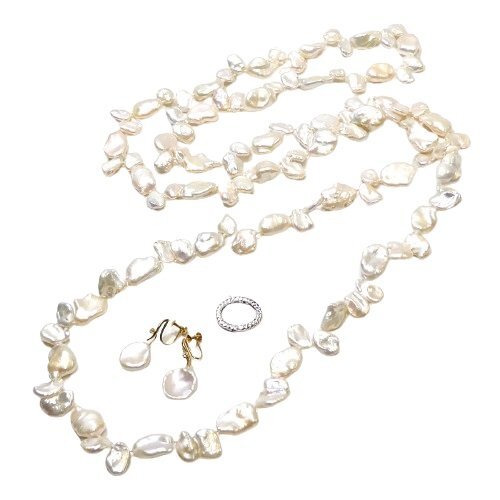 【K18】 バロックパール ロング ネックレス イヤリング 白蝶 ケシパール イエローゴールド 18金 ダイヤ付 pearl necklace【ネコポスOK】◇J