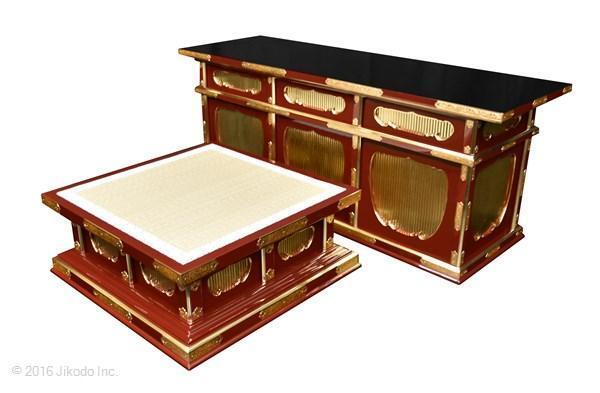 寺院仏具】向机幅120センチ 朱塗りの二重登高座2点セット 金具 寺院仏具】向机幅120センチ 朱塗りの二重登高座2点セット 金具