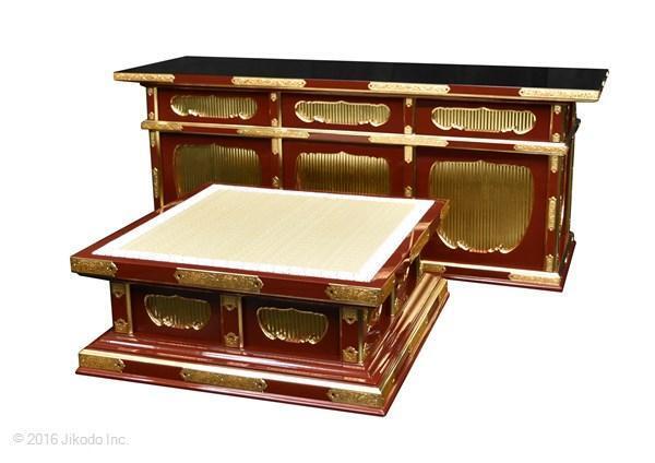 寺院仏具】向机幅120センチ 朱塗りの二重登高座2点 寺院仏具】向机幅120センチ 朱塗りの二重登高座2点