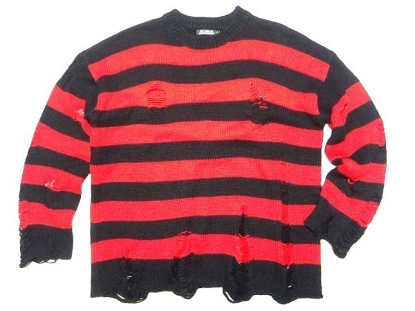 ★TIDE CARD LOG★ダメージ加工ボーダーニットXL/赤黒タイドカードログパンクカートコバーンニルヴァーナグランジメンズレディース_画像1