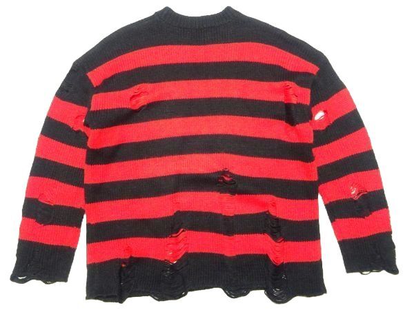 ★TIDE CARD LOG★ダメージ加工ボーダーニットXL/赤黒タイドカードログパンクカートコバーンニルヴァーナグランジメンズレディース_画像2