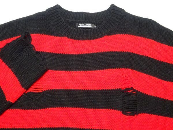 ★TIDE CARD LOG★ダメージ加工ボーダーニットXL/赤黒タイドカードログパンクカートコバーンニルヴァーナグランジメンズレディース_画像3