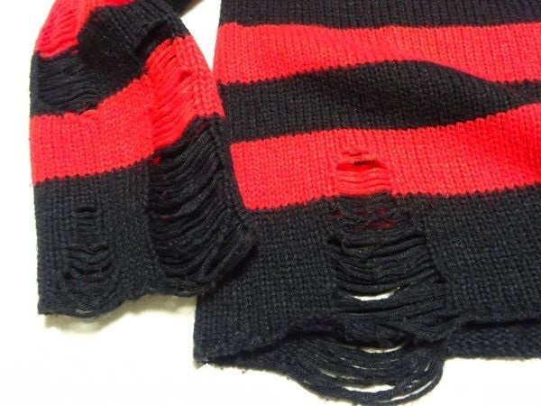 ★TIDE CARD LOG★ダメージ加工ボーダーニットXL/赤黒タイドカードログパンクカートコバーンニルヴァーナグランジメンズレディース_画像5