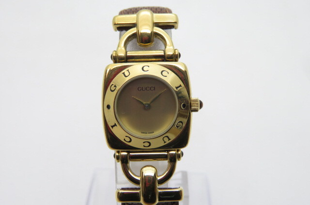 1円～GUCCI グッチ　6300-L　ホースビット　レディース　クオーツ　腕時計　リザードブラウン　ゴールドケース　ホワイト文字盤　11-7-21
