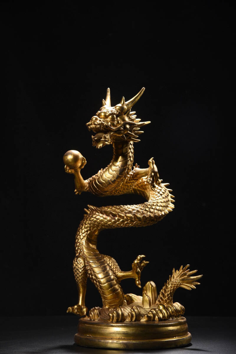 【超珍館蔵】銅製 塗金 龍戲珠 置物 古賞物 古美術品 稀少珍蔵品 その他