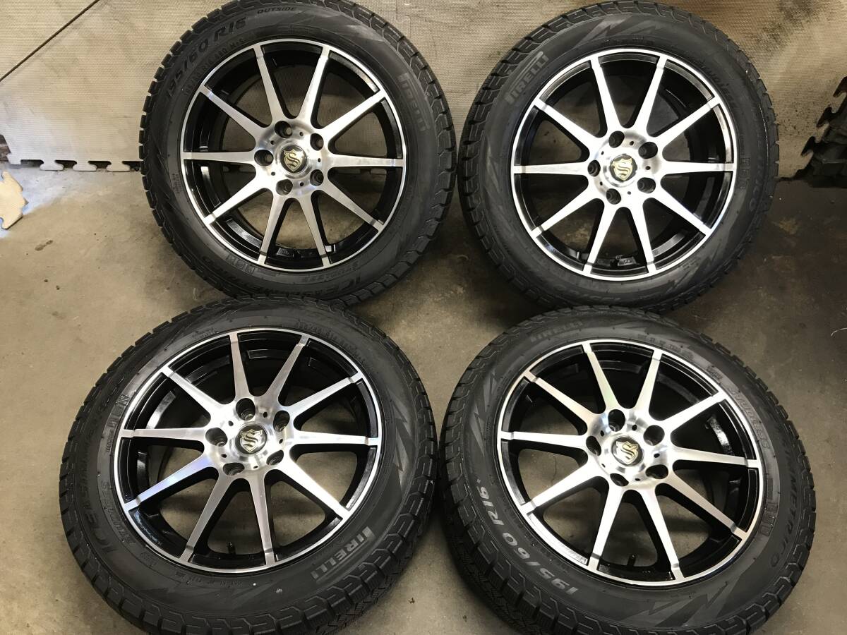セレナC27，C26，C25【195/60R16】溝有ピレリ アイスアシンメトリコ スタッドレスタイヤ【16×6.5J+45 PCD114.3 5H】アルミホイール 4本