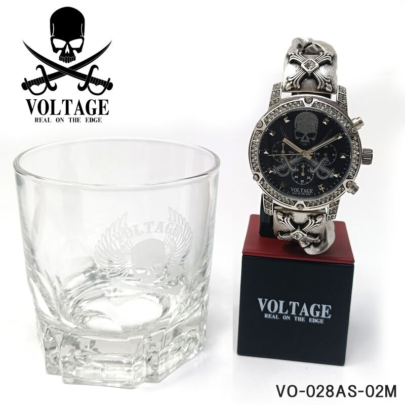 VOLTAGE 腕時計　チェーンベルト メタルブレスレット 日本製ムーブメント クロノグラフ スカルソード ロックグラス付