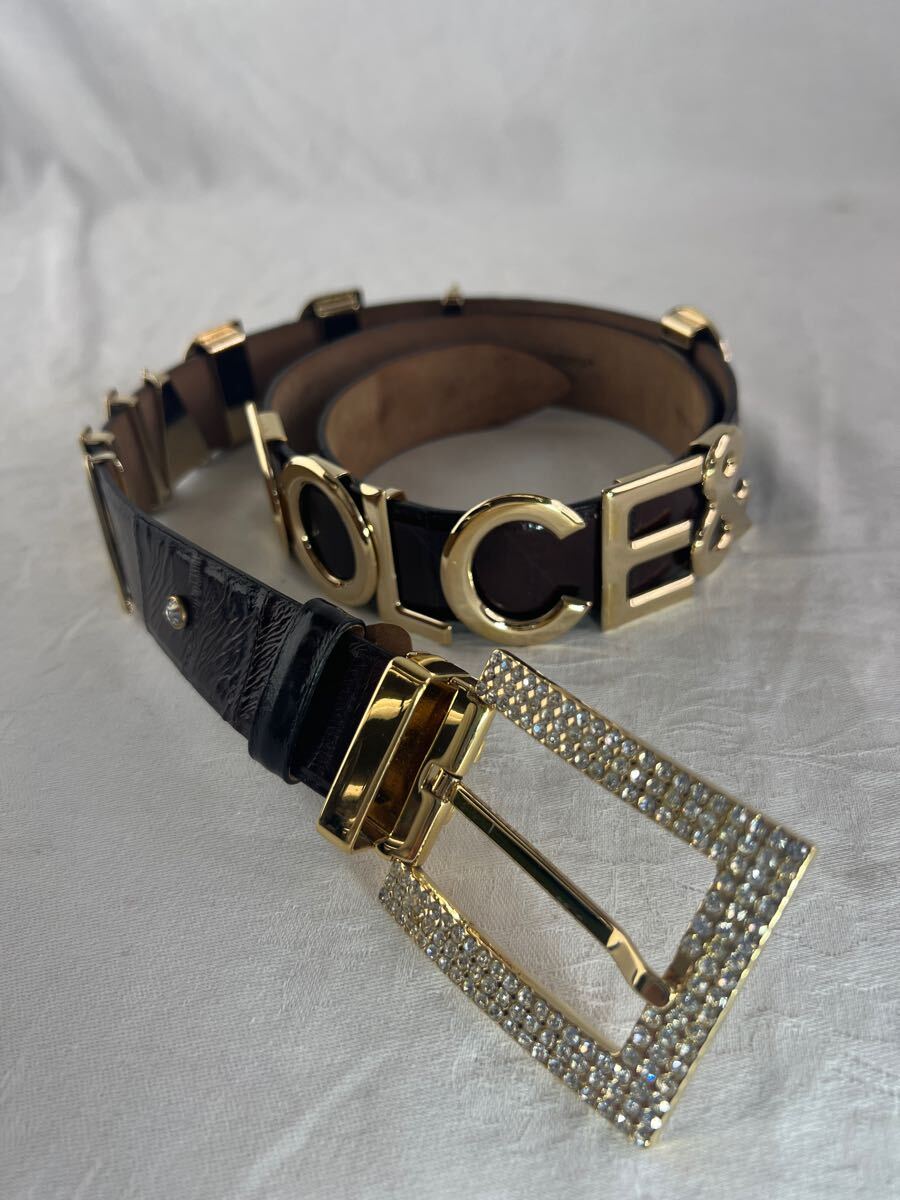【希少】DOLCE&GABBANA ロゴベルト　茶　レザーベルト　ラインストーンバックル 