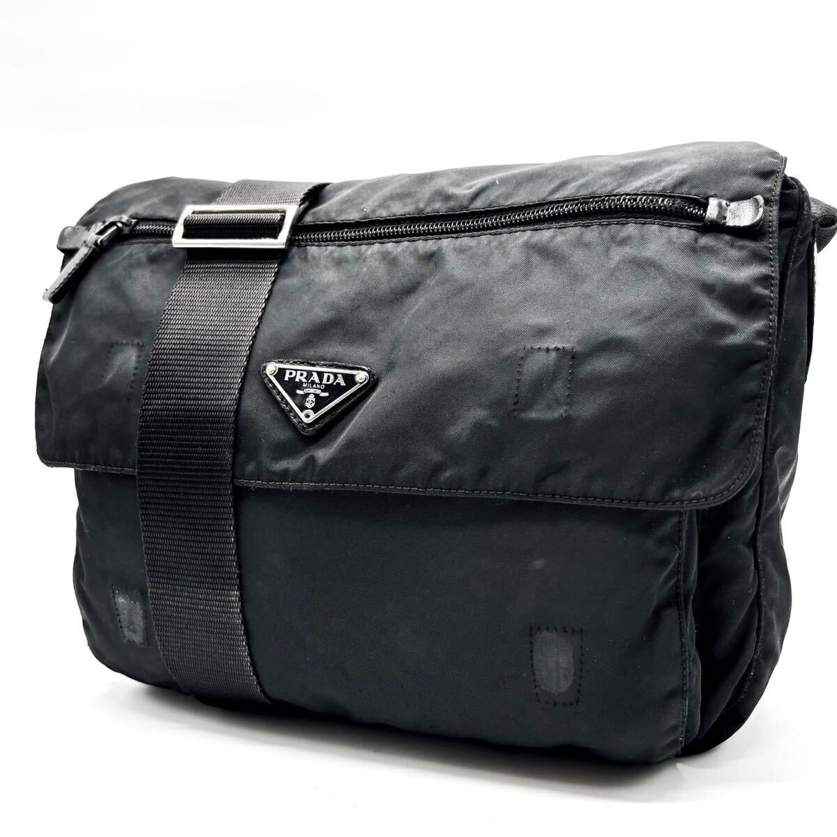 1円『格安』PRADA プラダ ショルダーバッグ メッセンジャー トート 三角ロゴ シルバー金具 ナイロン レザー ブラック 斜め掛け メンズ 