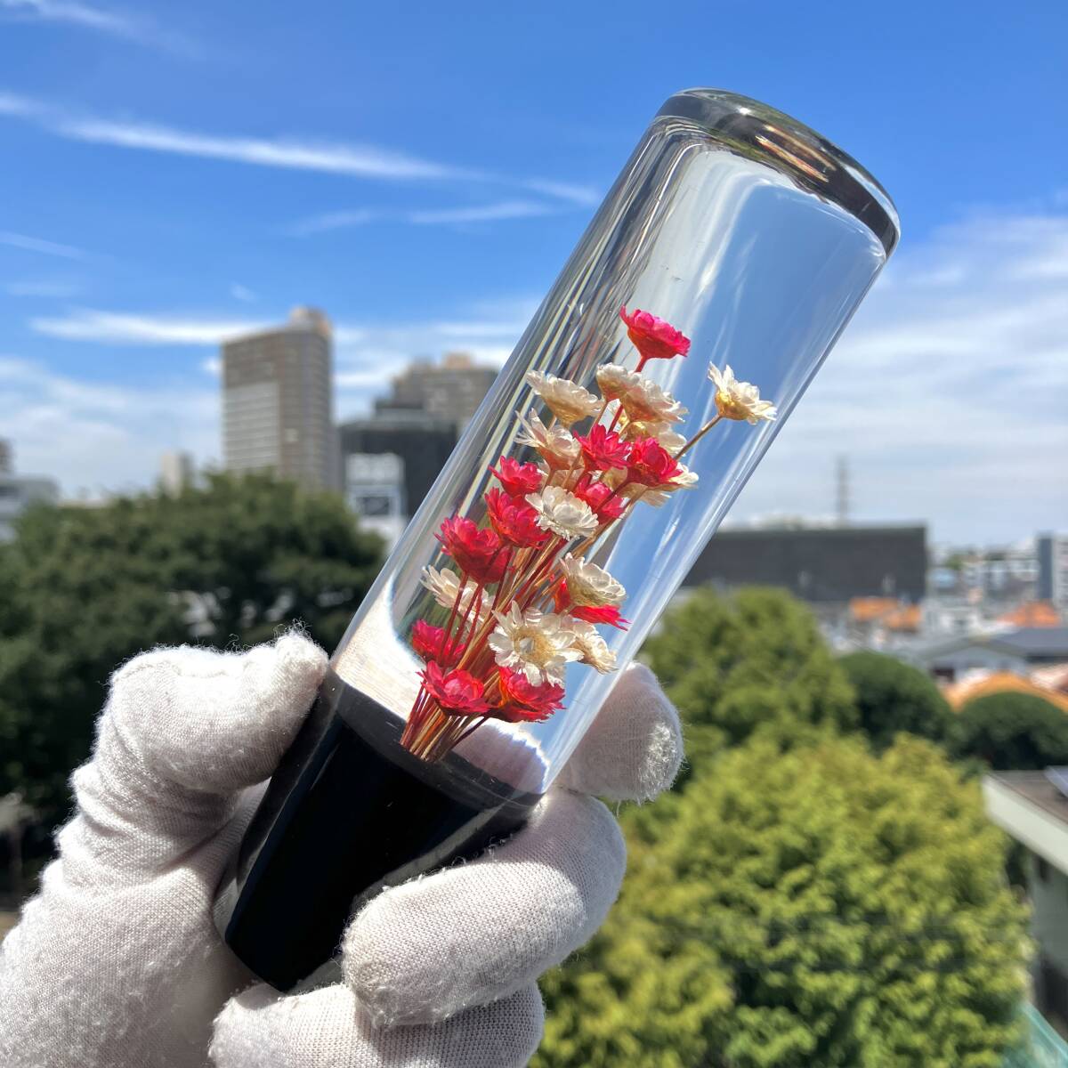 水中花 シフトノブ 15cm ギア クリスタル 當時物 アダプター付き 角型 汎用 昭和 トラック レトロ 軽トラ デコトラ レッド ホワイト 紅白