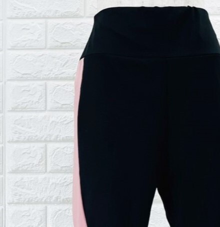 【A2481】SHEIN シーイン レディース レギンス 黒 ピンクストライプ スポーツウェア ストレッチ ジムウェア Lサイズ 