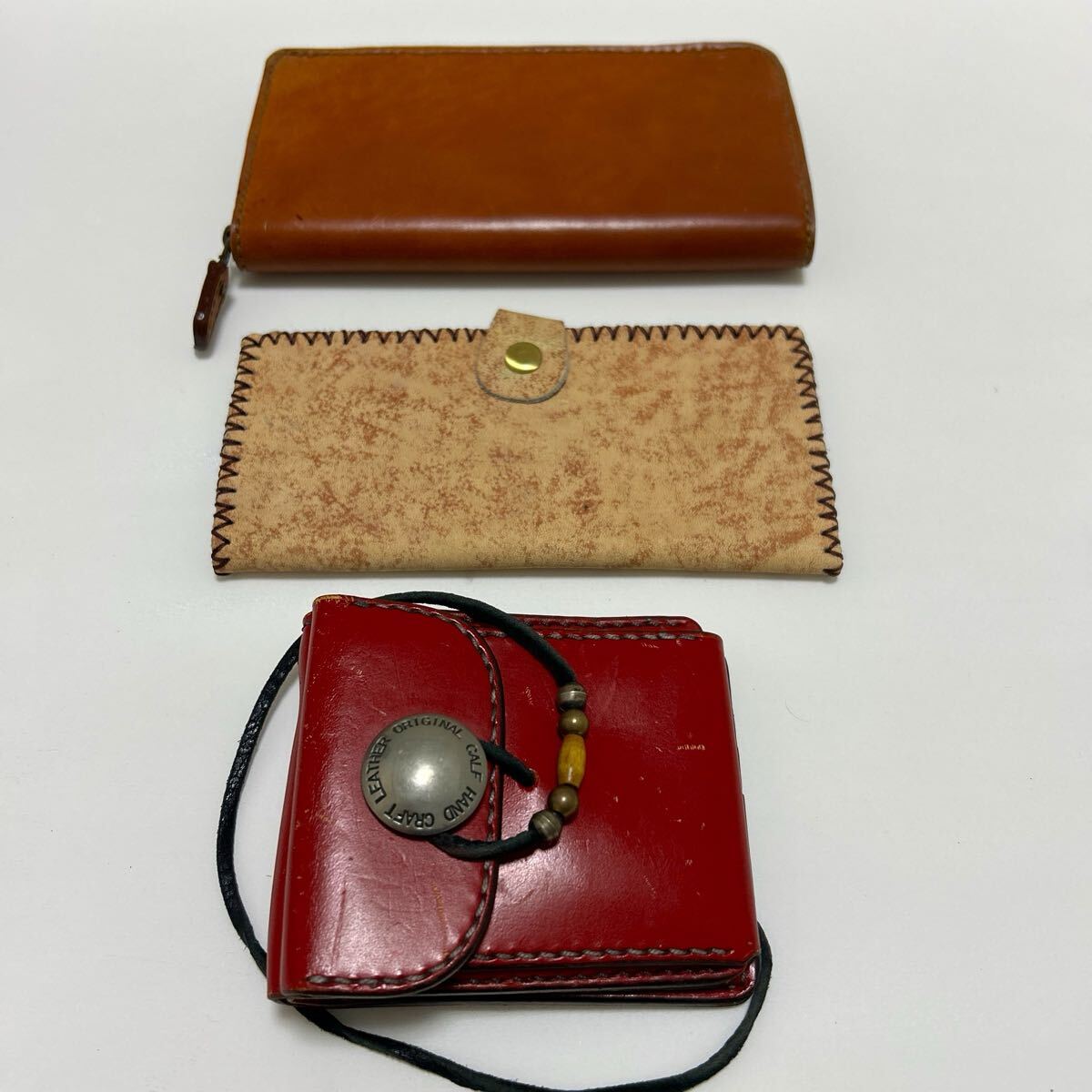 ★本革 レザー アイテム　3点セット★　ラウンドジップ 長財布 × 折り財布　ハンドクラフト　レッド × ブラウン系 【送料無料】 1128