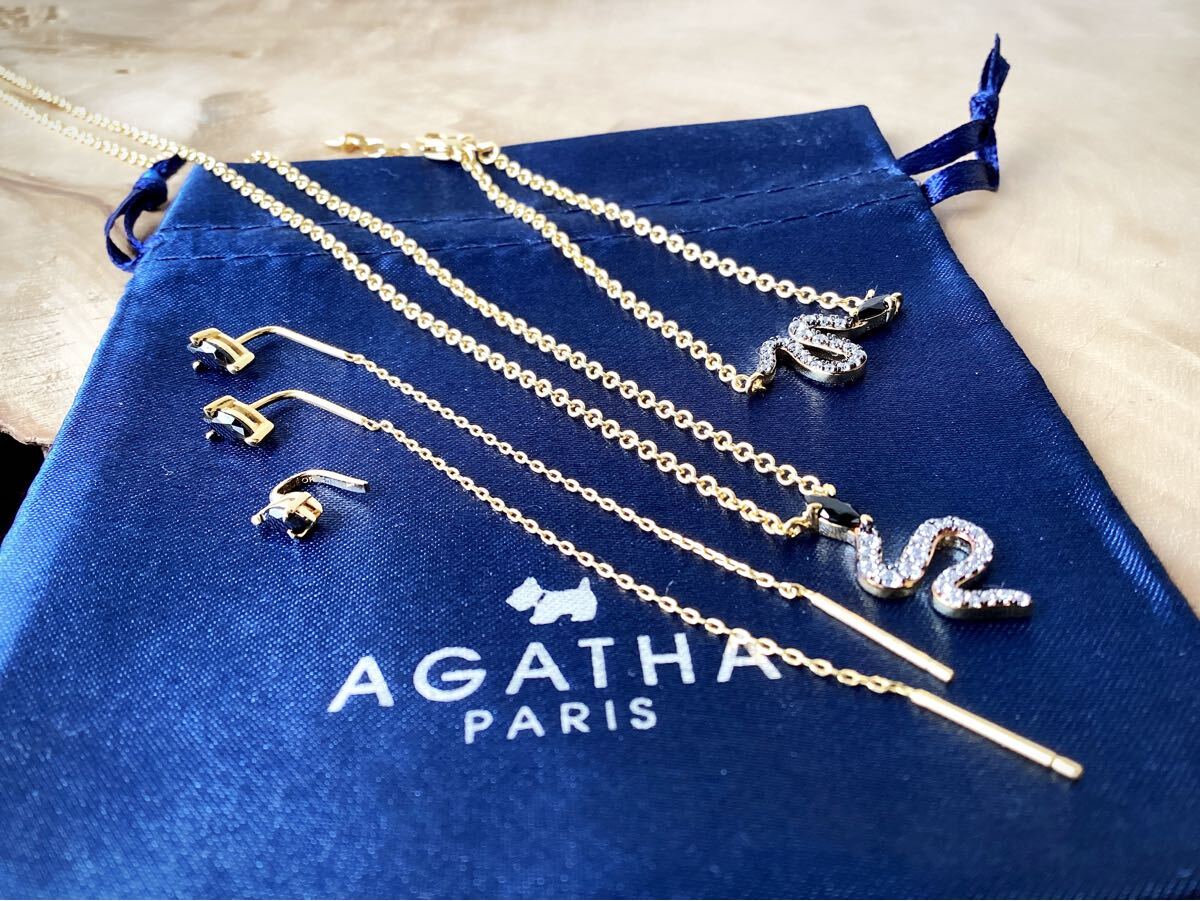 【AGATHA】アガタ　PLAQUE OR　キラキラビジュー　蛇デザイン　ネックレス　ピアス2種　ブレスレット　4點セット　ゴールド