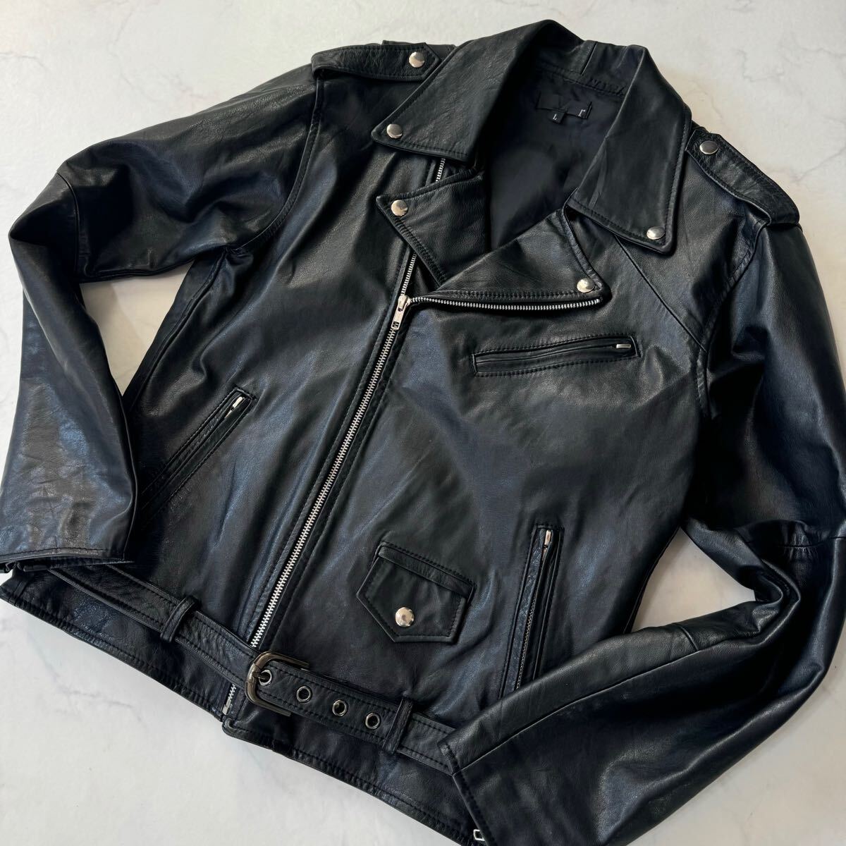 【関税込み】Rohe ブラック ダブルジャケット 美品 湘南ブランドr ダブル ライダース 本革 Lサイズ リアル