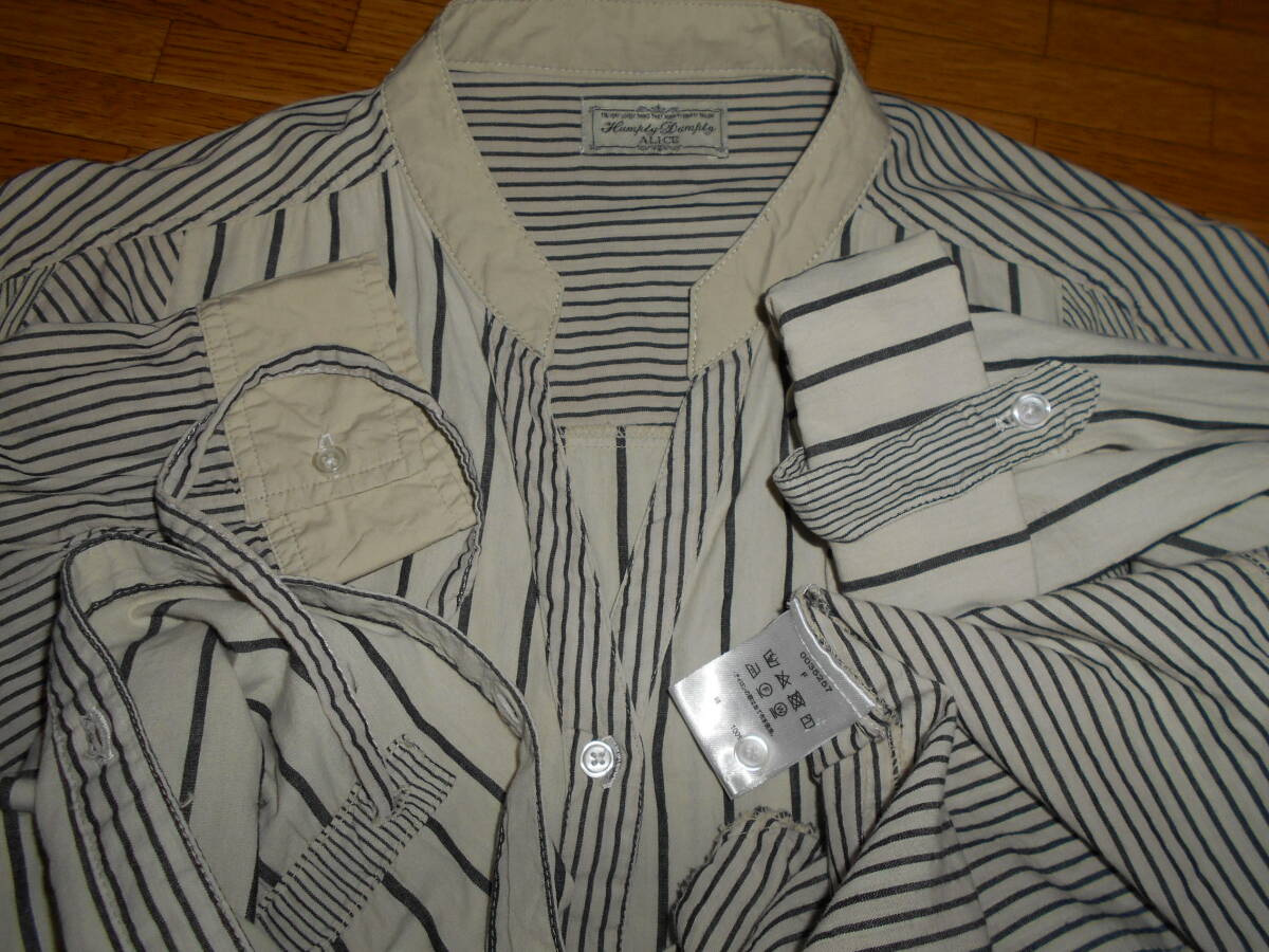 Humpty Dumpty ALICEハンプティーダンプティー☆淡グレーベージュ×濃グレー切替ストライプ柄☆長袖シャツチュニック☆ワンピース☆F☆美品_画像10