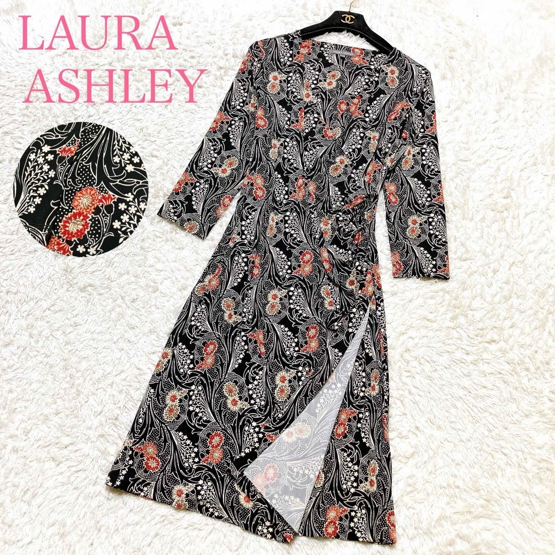 極美品 LAURA ASHLEY ローラアシュレイカシュクールワンピース 花柄 総柄 ボタニカル柄 ドレープ 上品 11号 L