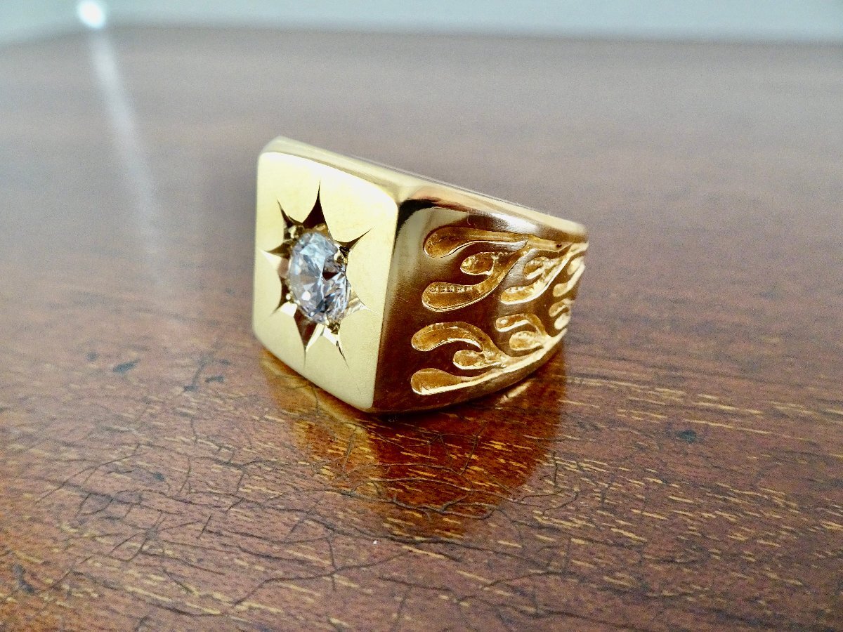 . tail engraving [ one star zirconia, fire pattern, Gold signet ring ] hand made 266