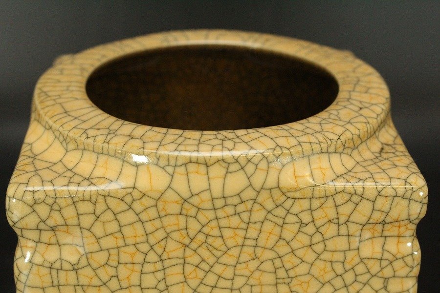最高級 銀閣】中国美術 彷哥釉 骨董 旧家蔵出(RC830) 高20cm 四方瓶 施釉陶