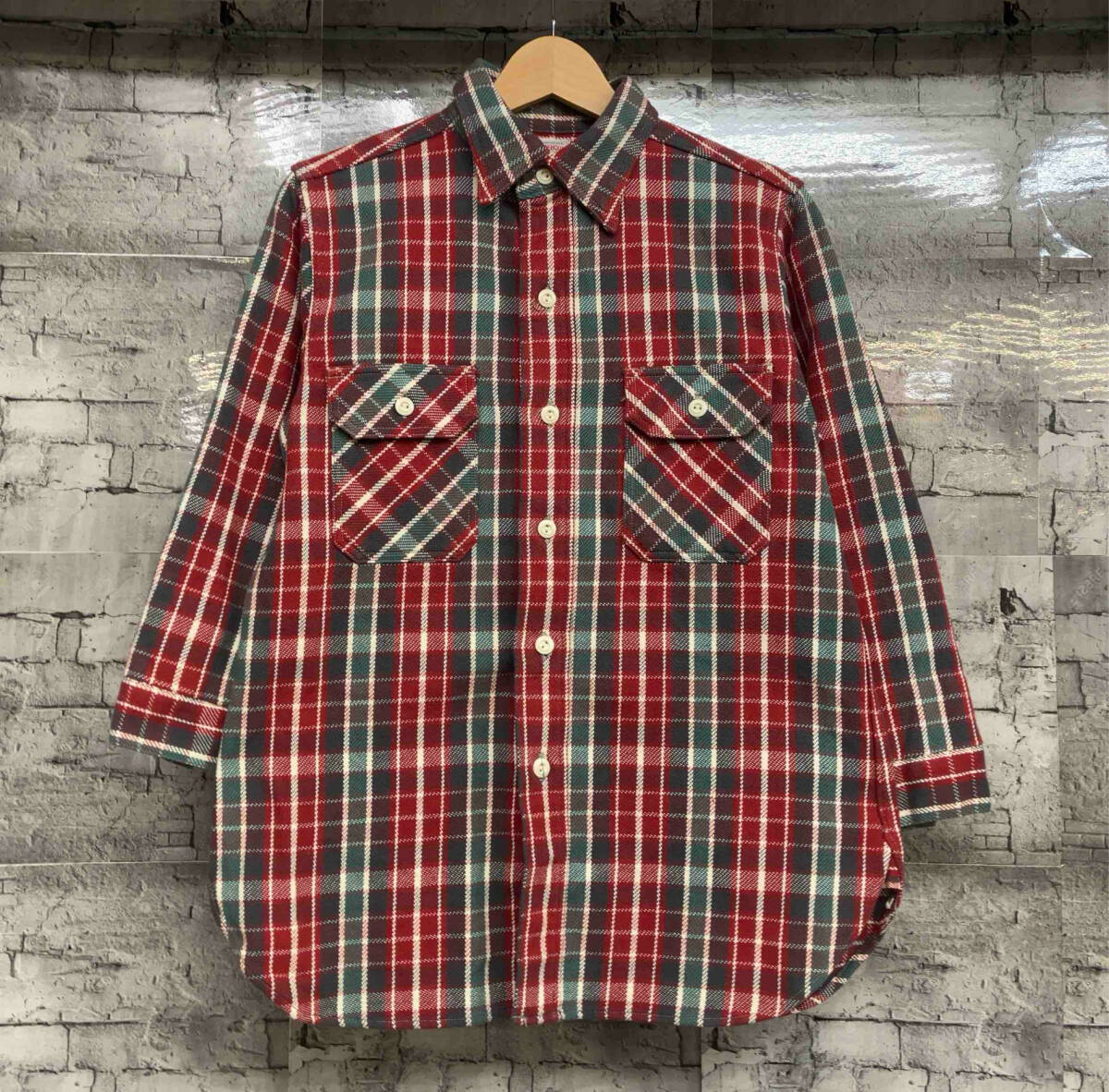 WAREHOUSE ウエアハウス 七分丈 ワークシャツ 長袖シャツ 厚手 コットン サイズ15-15 1/2 レッド チェック柄