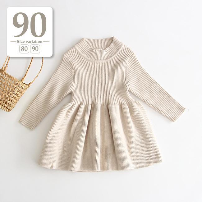 新品未使用 80～90cm ベージュ〔#BMハイネックニットワンピース〕リブ モックネック ぷち タートルネック 長袖 女の子 ベビー服 子供 白赤