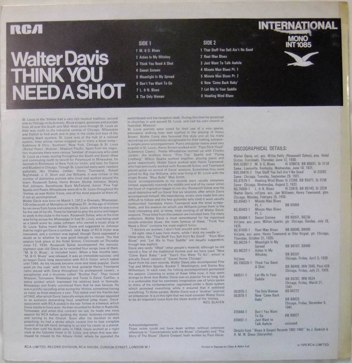 Walter Davis / Think You Need A Shot / \'70UK RCA International (Camden) / Compilation / Mono / Piano Blues