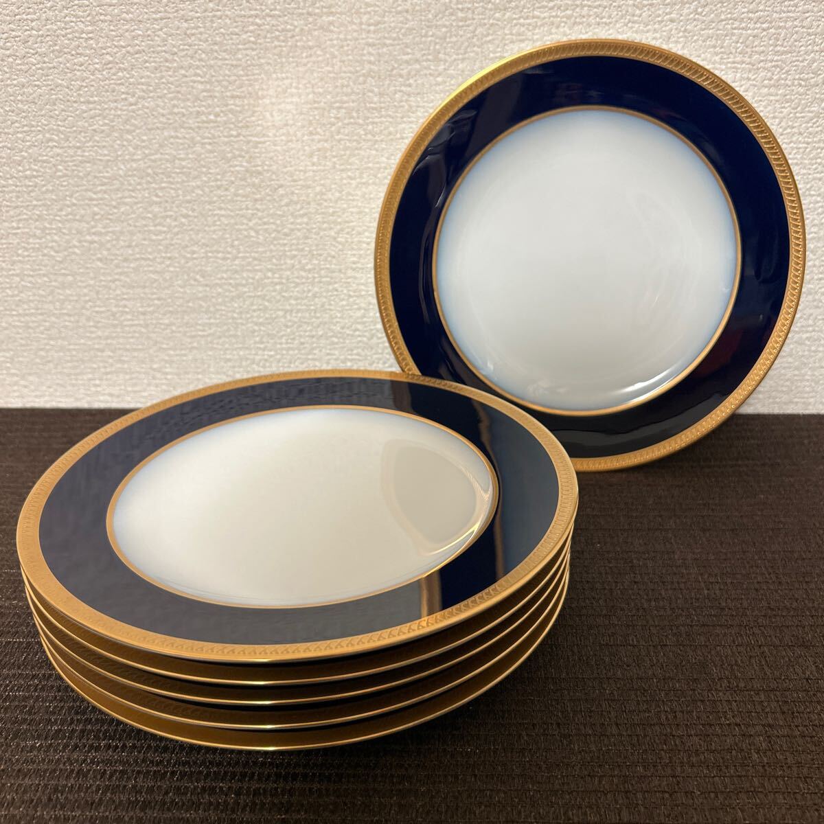 大倉陶園　瑠璃片葉金蝕　デザートプレート　20cm ロイヤルブルー