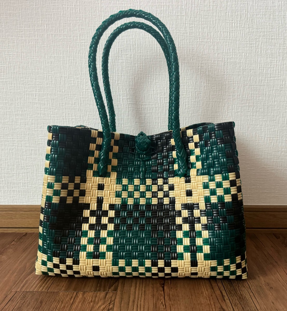 プラカゴ メルカド トートバッグ 軽量 パサール かごバッグ ハンドメイド Mサイズ 深緑 手編み マルシェ