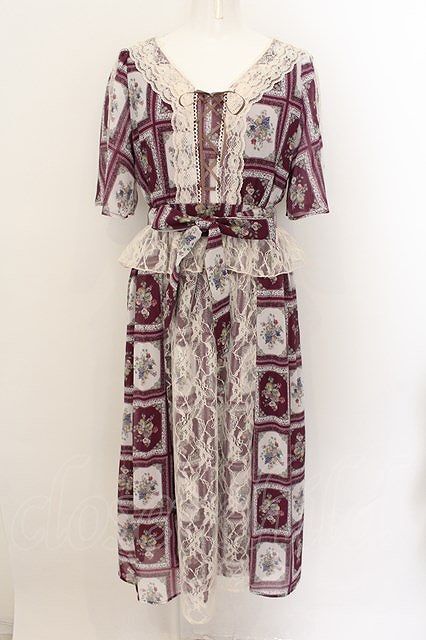 axes femme / フルーツアート柄ワンピース M ワイン O-24-09-21-067-AX-OP-IG-ZT117