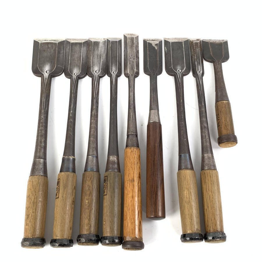茂光正 他 ノミ/のみ/鑿 まとめ売り 全9本セット 全長:220-390mm 刃の刻印:茂光正x1 / 三日月マークx4 / 日本号x1 / 正光x1＊現状品