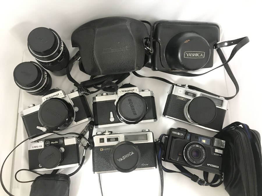 8-5☆おまとめ8点☆フィルムカメラ6点&レンズ２点セット ミノルタ オリンパス ニコン Nikomat ヤシカ エレクトロ 35 動作未確認 ジャンク品